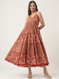 Noe Velarro Maroon Floral printed Cotton Tiered Dress with Smoking Back
