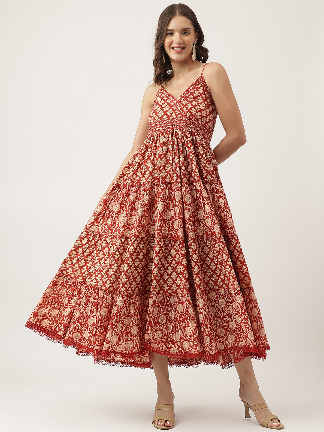 Noe Velarro Maroon Floral printed Cotton Tiered Dress with Smoking Back