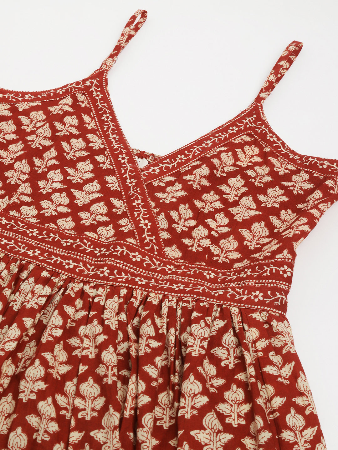 Noe Velarro Maroon Floral printed Cotton Tiered Dress with Smoking Back
