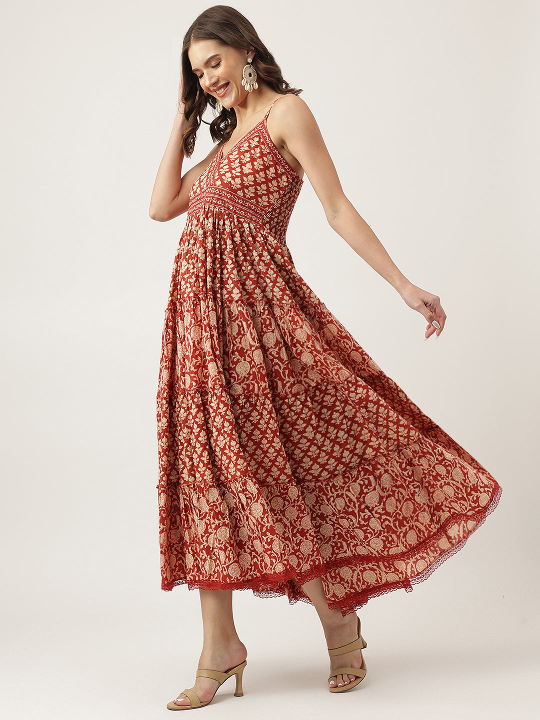 Noe Velarro Maroon Floral printed Cotton Tiered Dress with Smoking Back