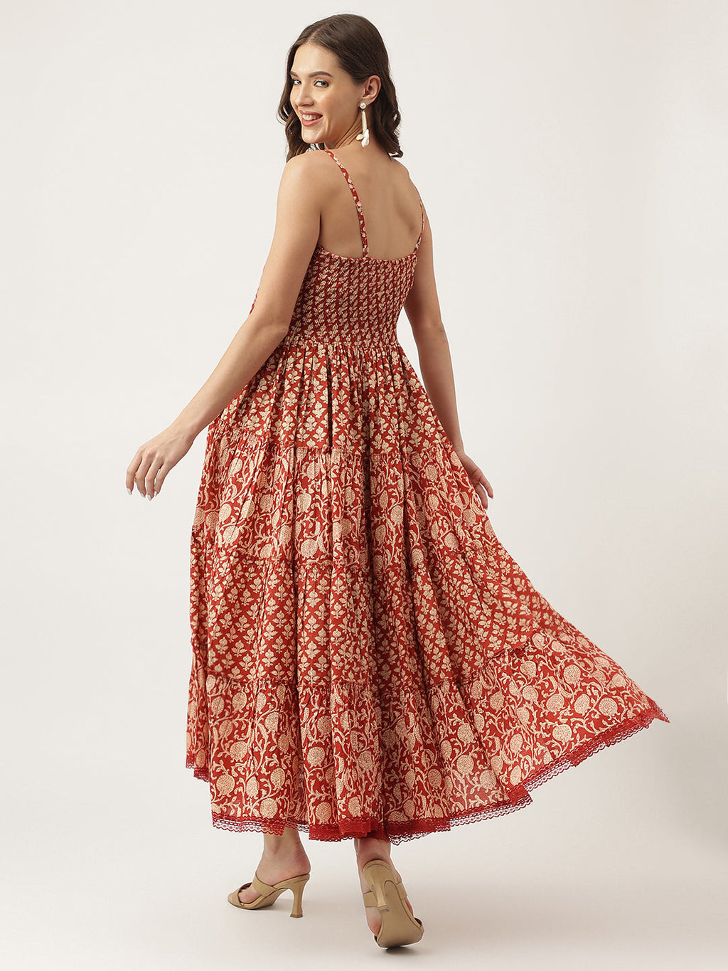 Noe Velarro Maroon Floral printed Cotton Tiered Dress with Smoking Back
