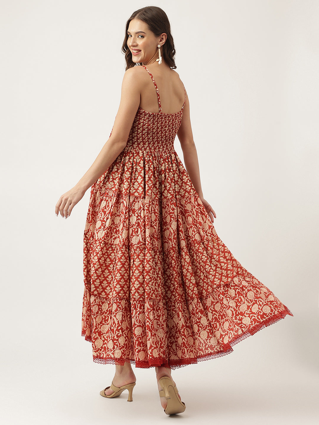 Noe Velarro Maroon Floral printed Cotton Tiered Dress with Smoking Back