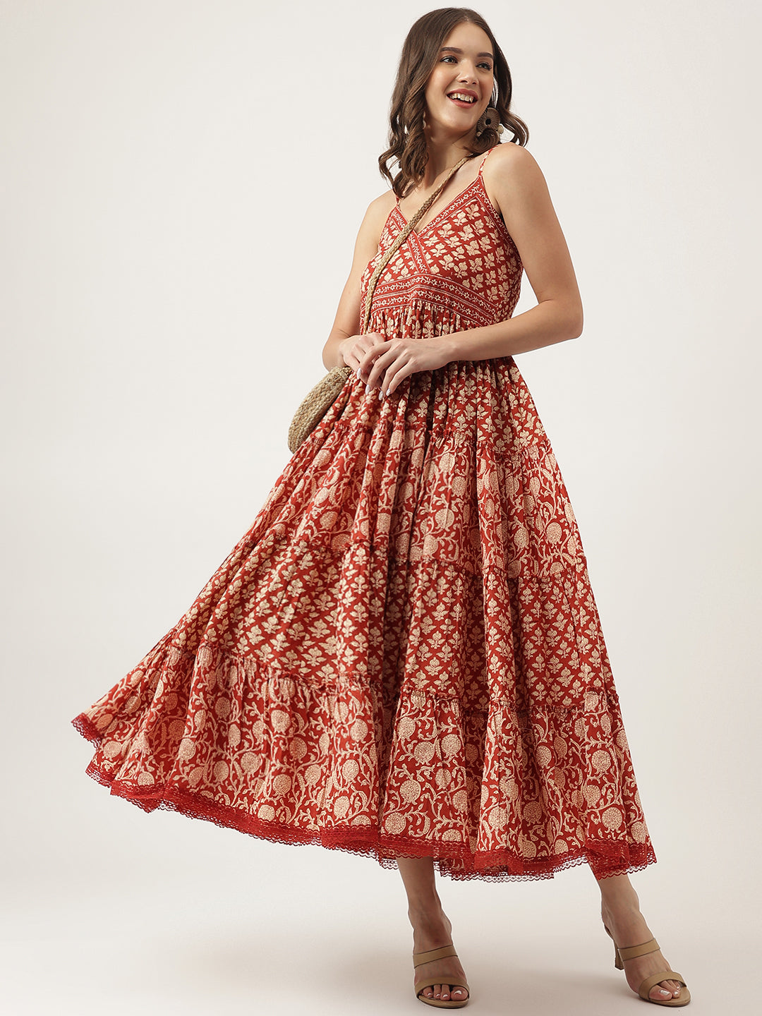 Noe Velarro Maroon Floral printed Cotton Tiered Dress with Smoking Back