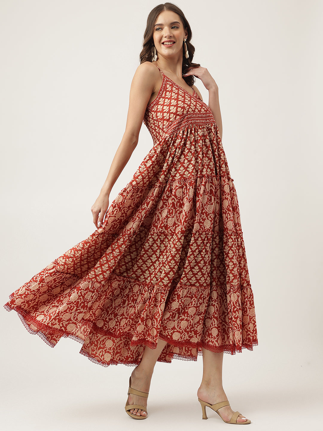 Noe Velarro Maroon Floral printed Cotton Tiered Dress with Smoking Back