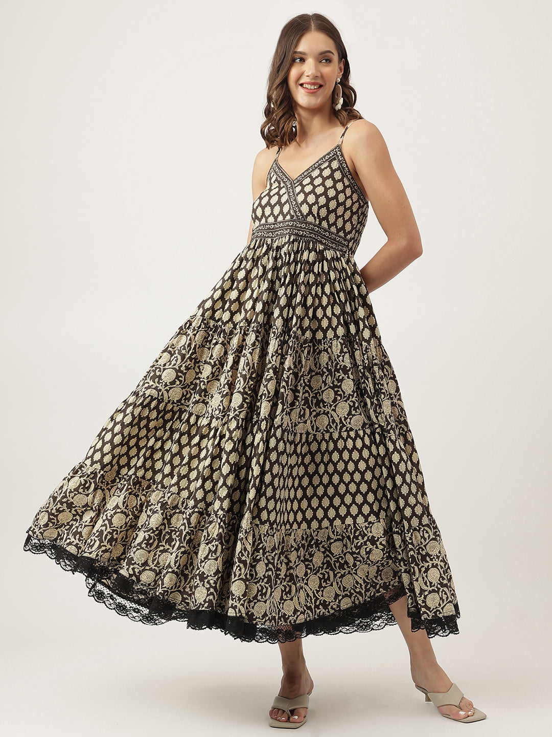 Noe Velarro Floral Printed Cotton Empire Black Dress for Women