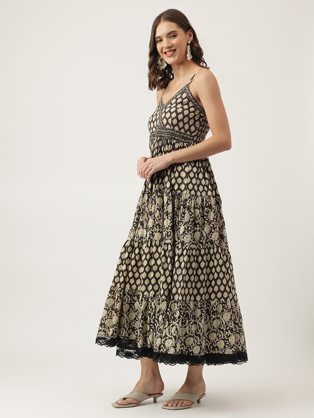 Noe Velarro Floral Printed Cotton Empire Black Dress for Women