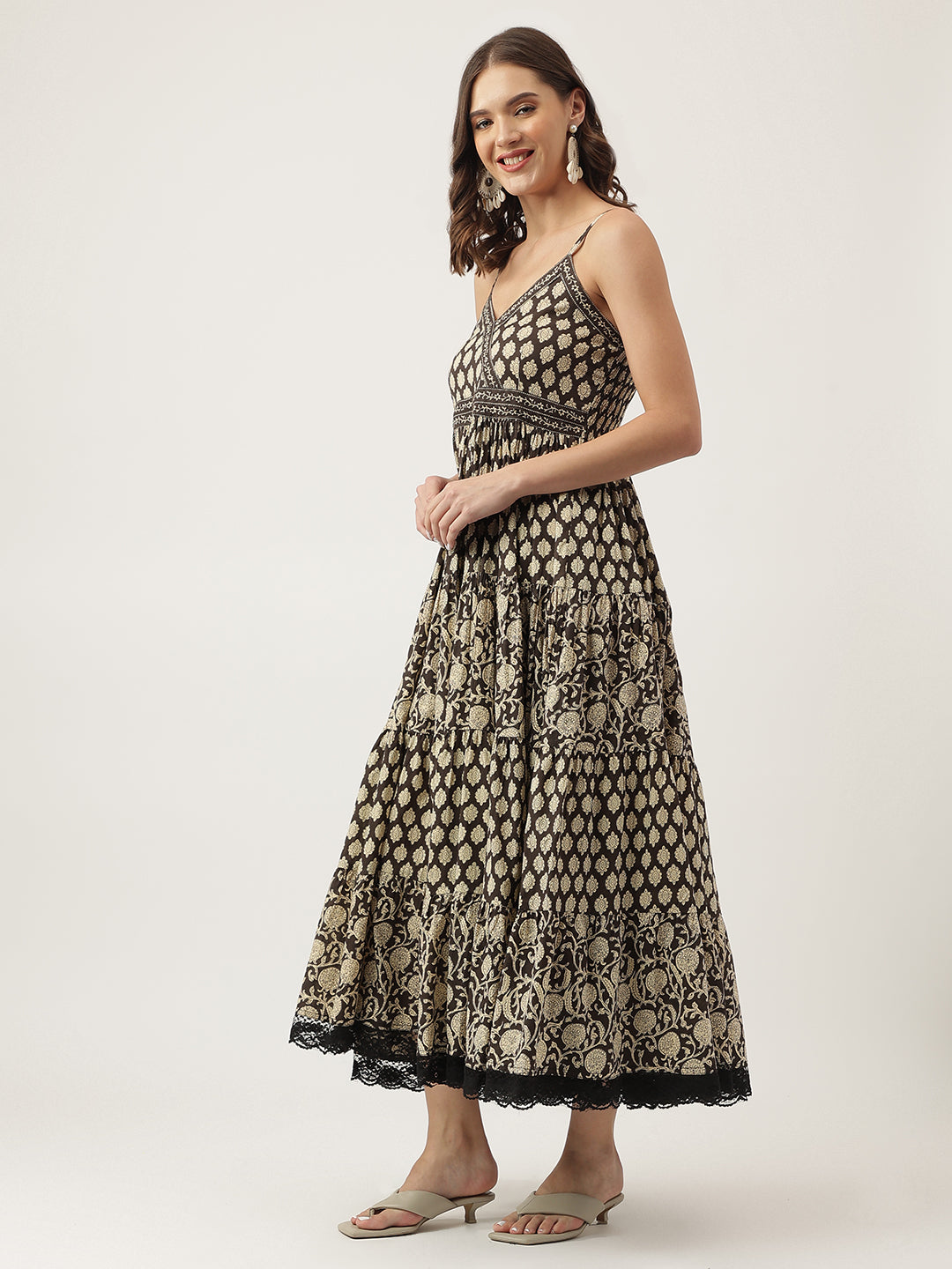 Noe Velarro Floral Printed Cotton Empire Black Dress for Women