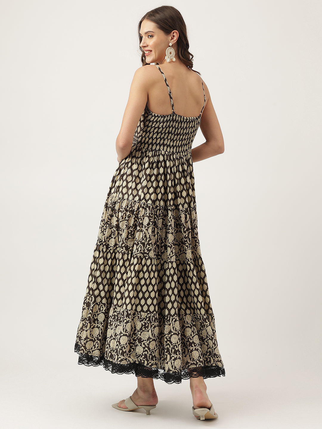 Noe Velarro Floral Printed Cotton Empire Black Dress for Women