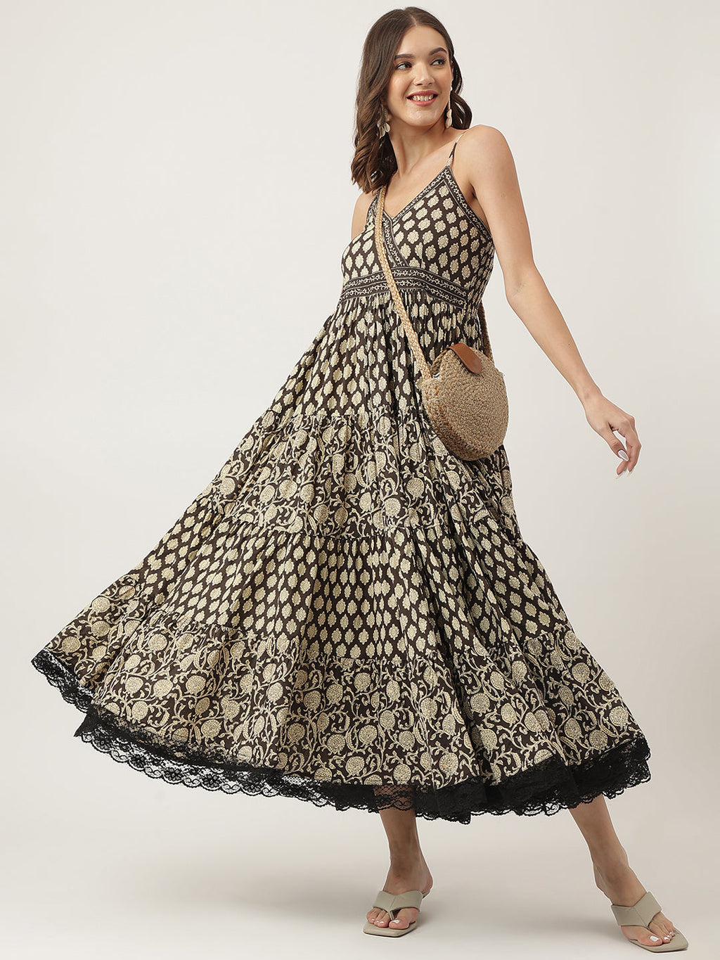 Noe Velarro Floral Printed Cotton Empire Black Dress for Women