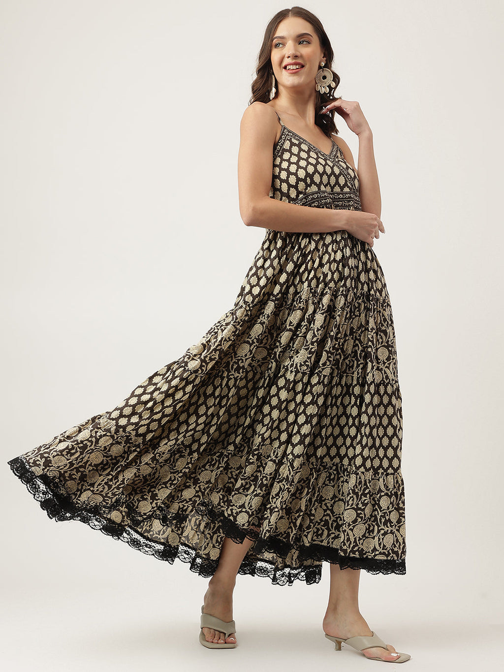 Noe Velarro Floral Printed Cotton Empire Black Dress for Women
