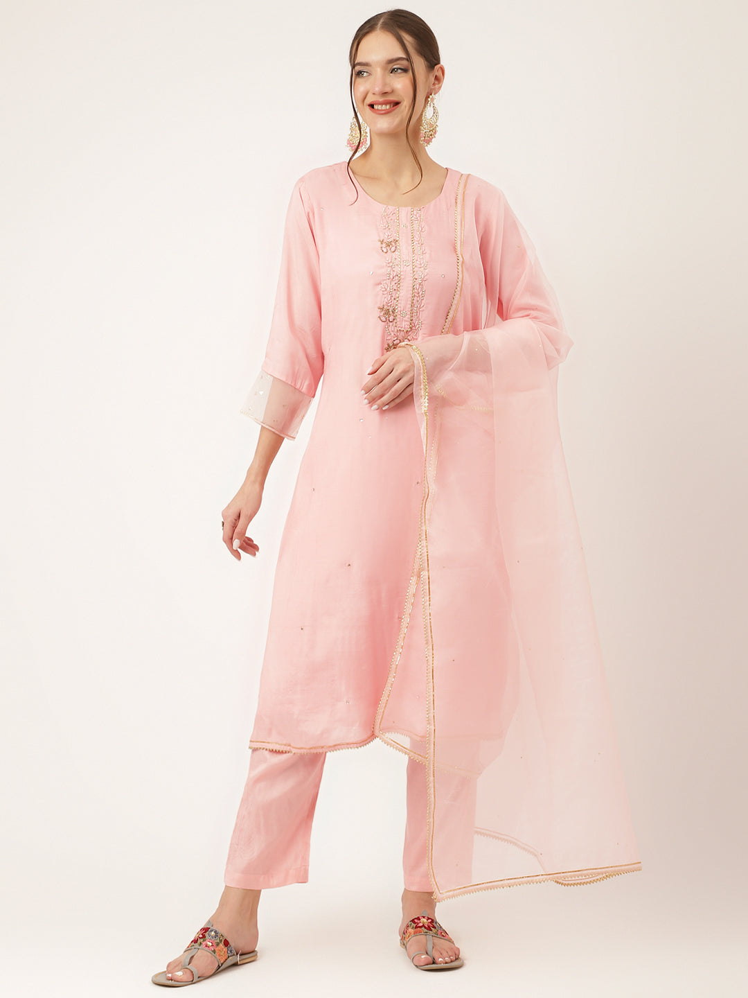 Noe Velarro Baby Pink Embroidered Chanderi  Kurta, Trouser With Dupatta