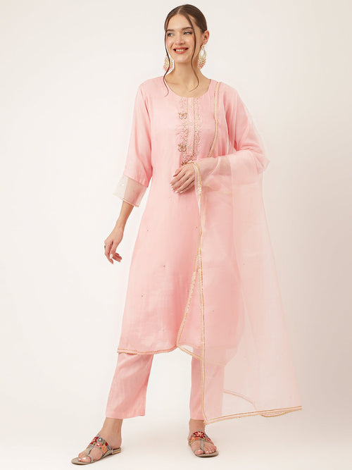 Noe Velarro Baby Pink Embroidered Chanderi  Kurta, Trouser With Dupatta
