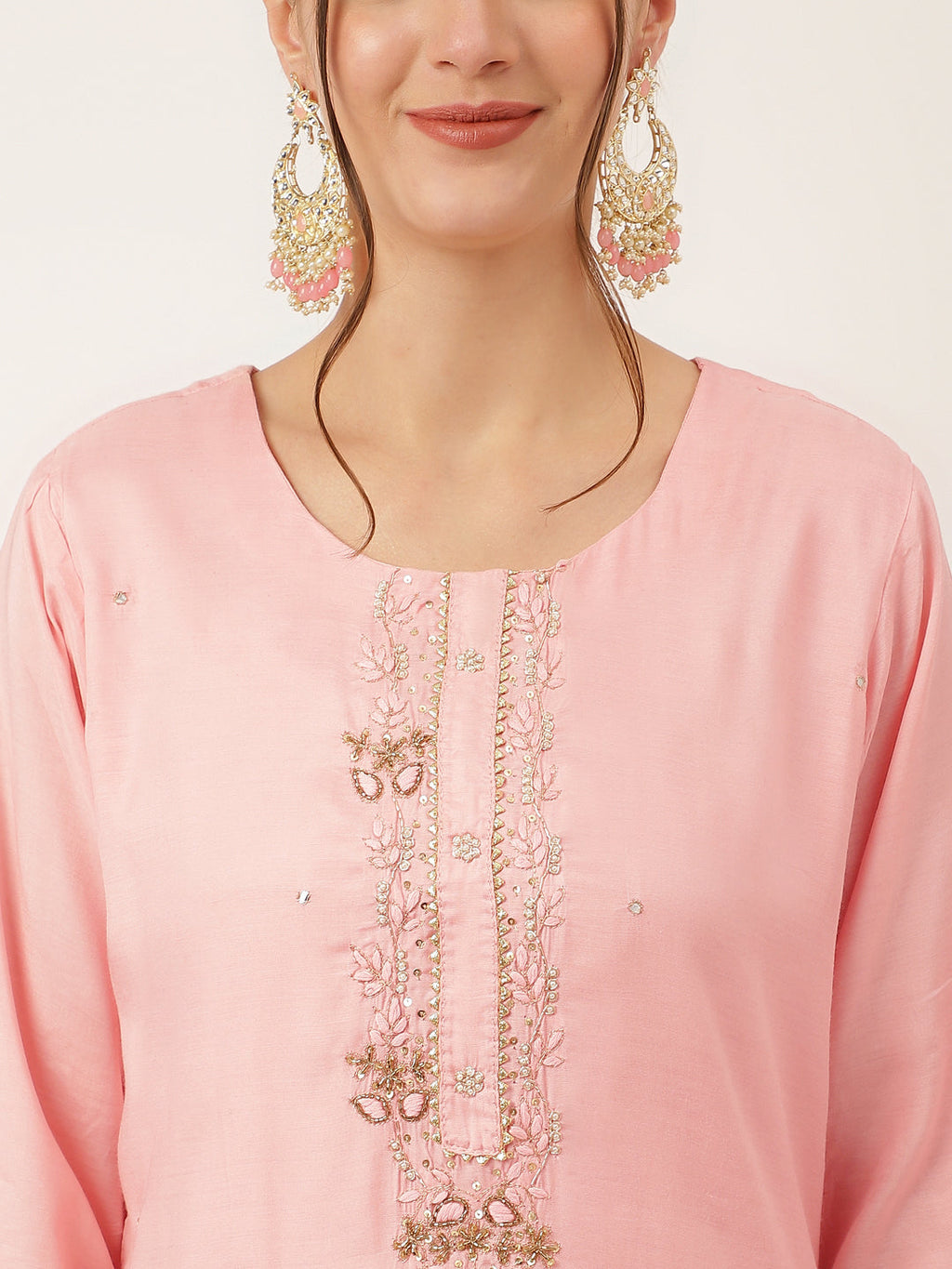 Noe Velarro Baby Pink Embroidered Chanderi  Kurta, Trouser With Dupatta