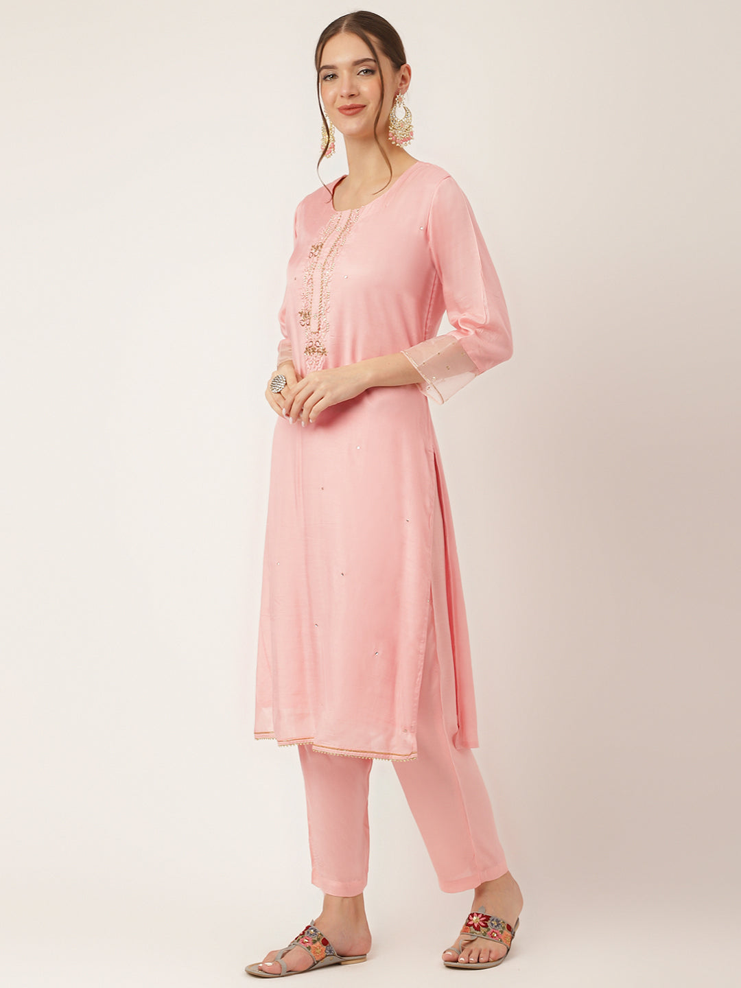 Noe Velarro Baby Pink Embroidered Chanderi  Kurta, Trouser With Dupatta