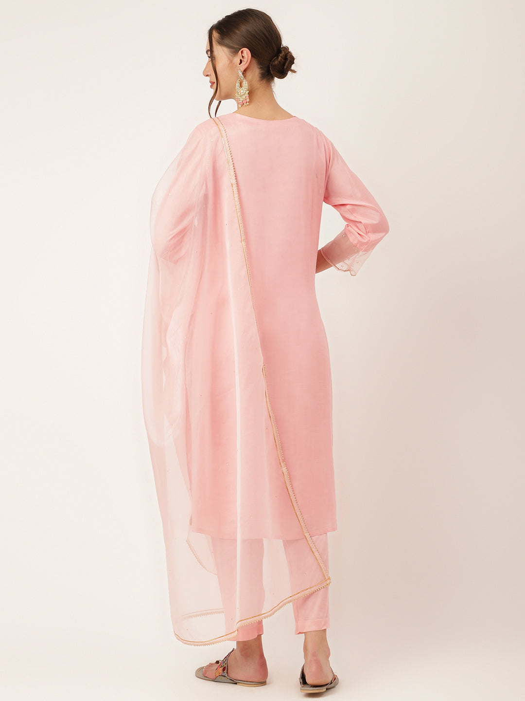 Noe Velarro Baby Pink Embroidered Chanderi  Kurta, Trouser With Dupatta