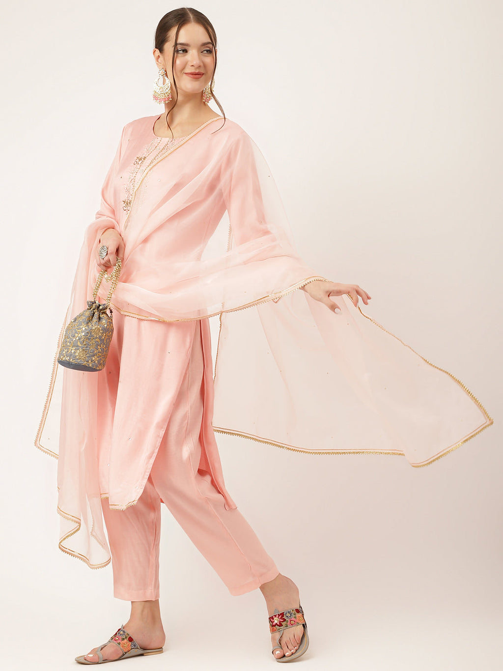 Noe Velarro Baby Pink Embroidered Chanderi  Kurta, Trouser With Dupatta