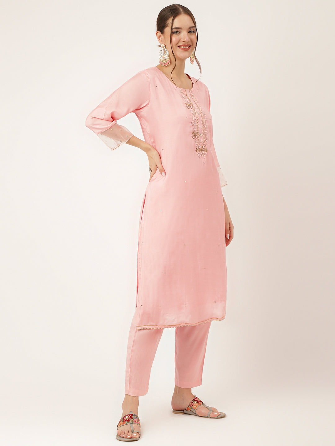 Noe Velarro Baby Pink Embroidered Chanderi  Kurta, Trouser With Dupatta