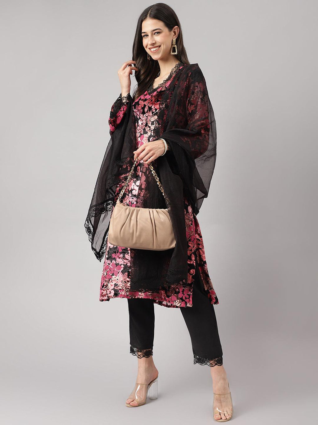 Divena Pink Burn out Velvet Kurta Harem Pant with Organza Dupatta - divena world