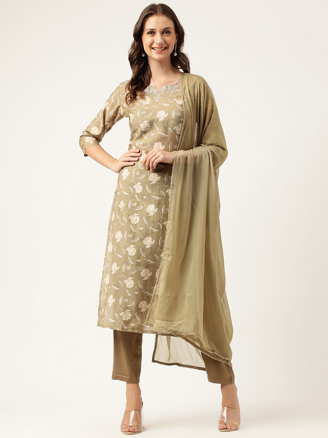Noe Velarro Olive Embroidered Cotton Kurta Trouser with Dupatta Set
