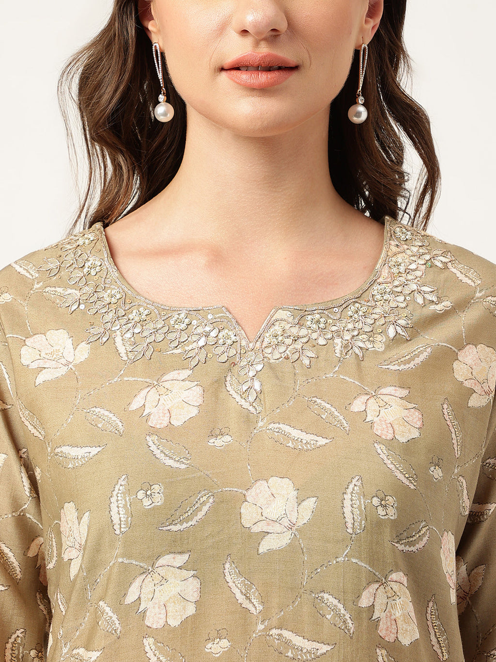 Noe Velarro Olive Embroidered Cotton Kurta Trouser with Dupatta Set