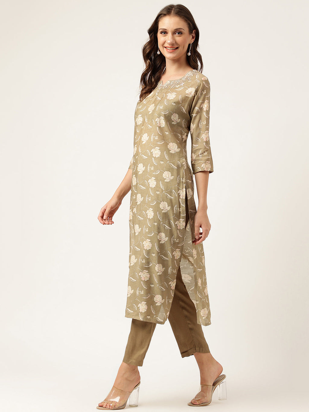Noe Velarro Olive Embroidered Cotton Kurta Trouser with Dupatta Set