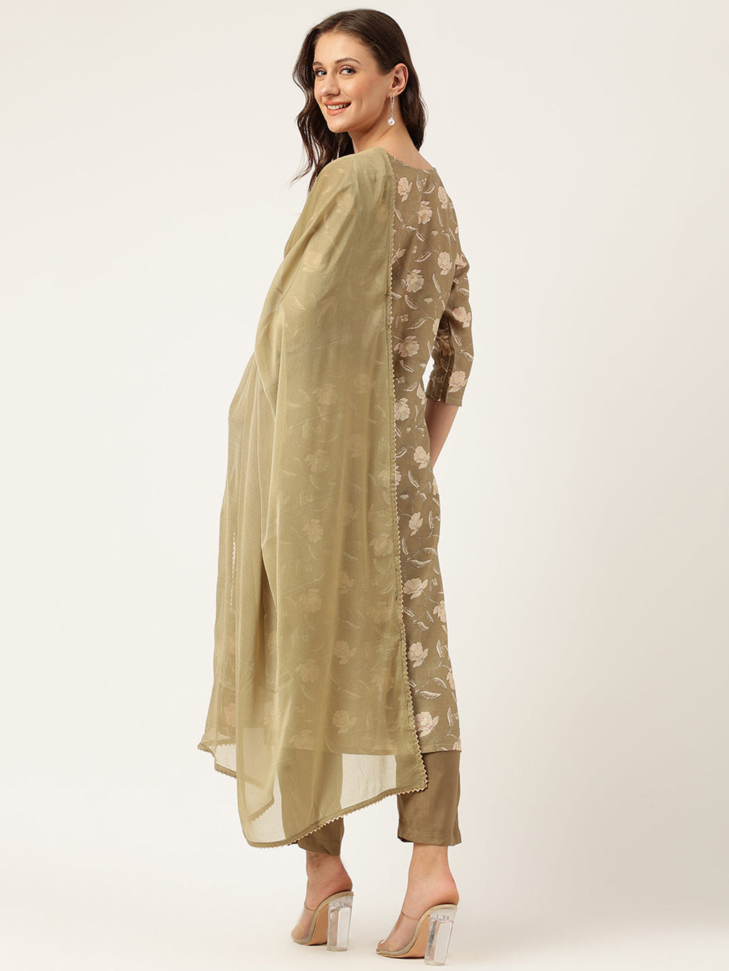 Noe Velarro Olive Embroidered Cotton Kurta Trouser with Dupatta Set