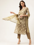 Noe Velarro Olive Embroidered Cotton Kurta Trouser with Dupatta Set