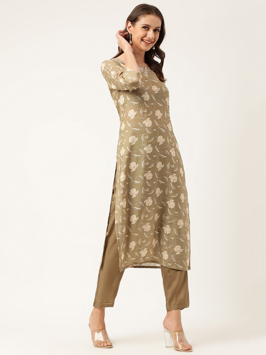Noe Velarro Olive Embroidered Cotton Kurta Trouser with Dupatta Set