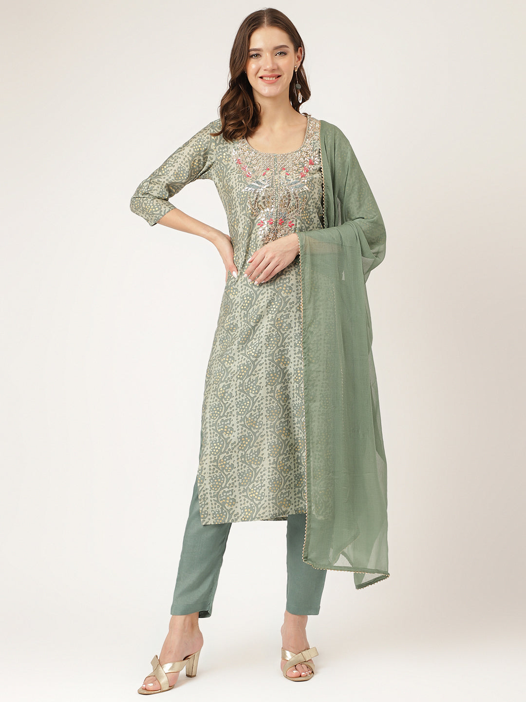 Noe Velarro Green Floral Print Chanderi Kurta, Trouser With Dupatta
