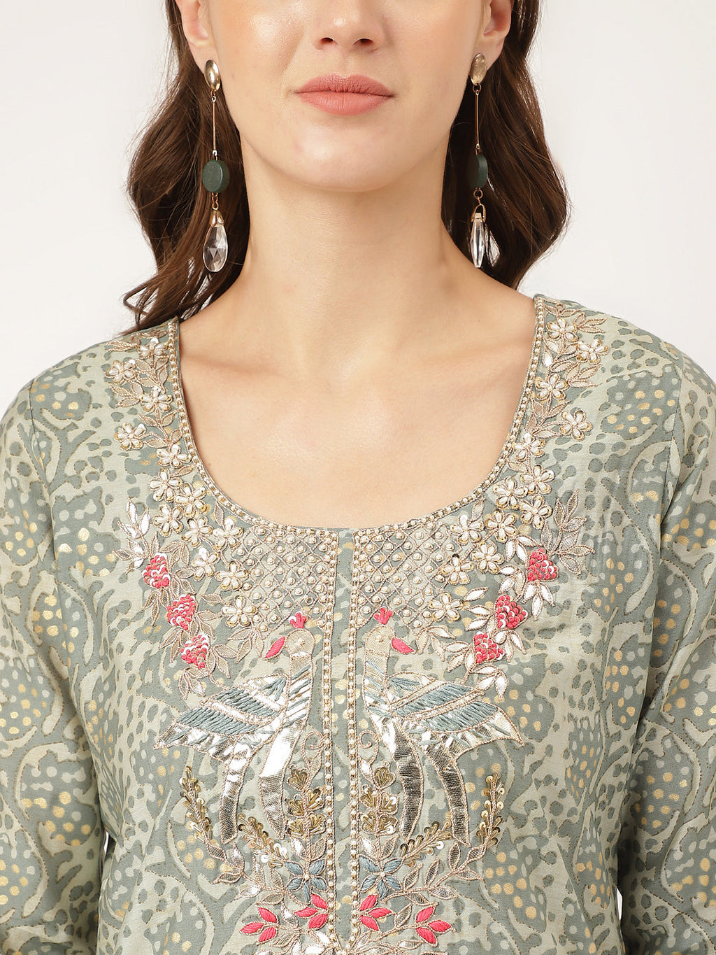 Noe Velarro Green Floral Print Chanderi Kurta, Trouser With Dupatta