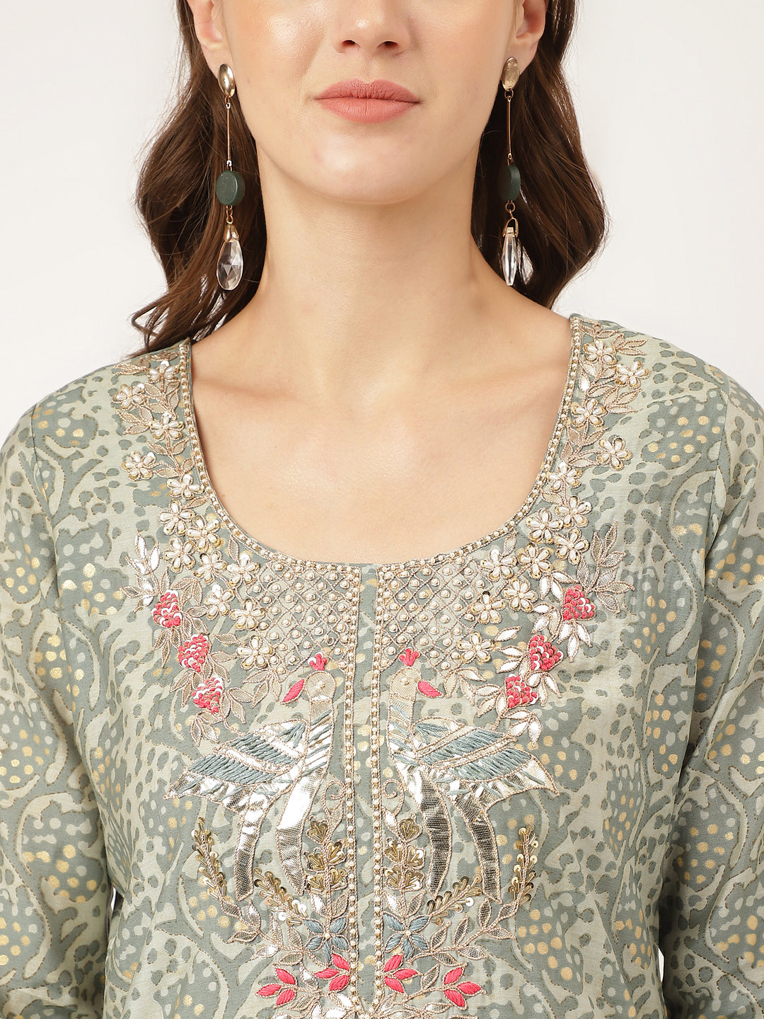 Noe Velarro Green Floral Print Chanderi Kurta, Trouser With Dupatta