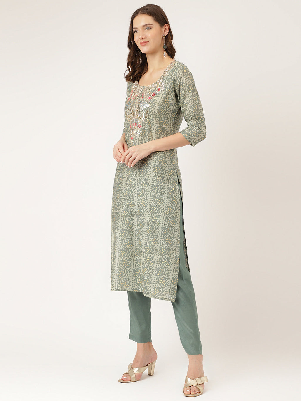 Noe Velarro Green Floral Print Chanderi Kurta, Trouser With Dupatta