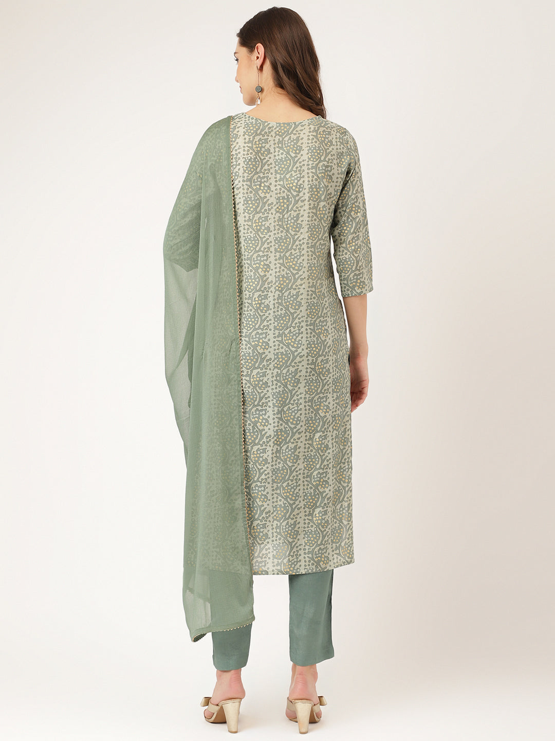 Noe Velarro Green Floral Print Chanderi Kurta, Trouser With Dupatta