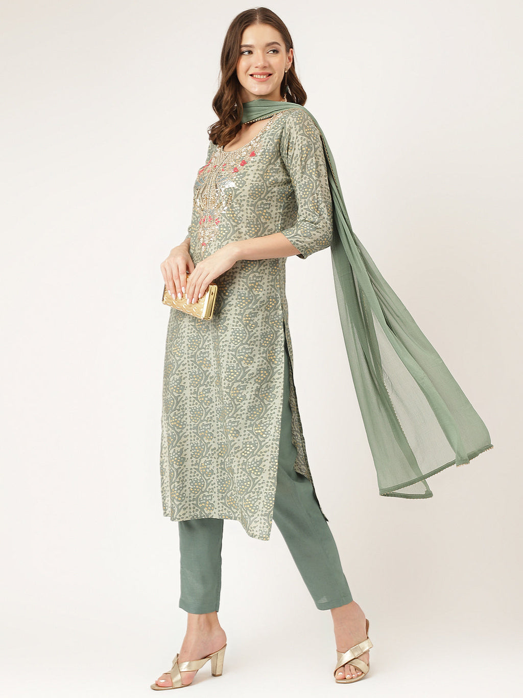 Noe Velarro Green Floral Print Chanderi Kurta, Trouser With Dupatta