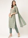Noe Velarro Green Floral Print Chanderi Kurta, Trouser With Dupatta