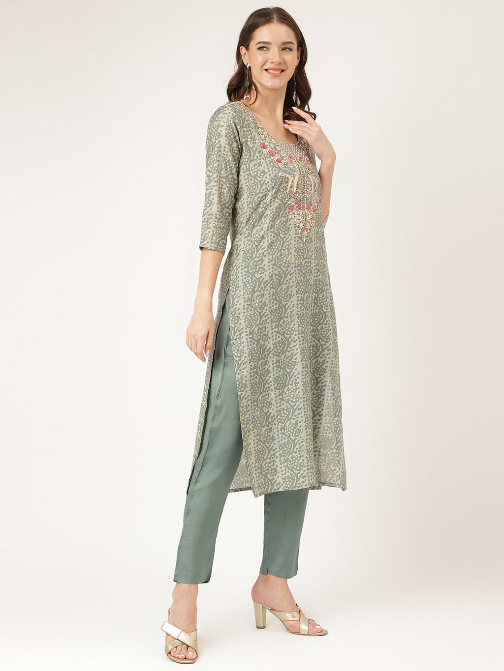 Noe Velarro Green Floral Print Chanderi Kurta, Trouser With Dupatta