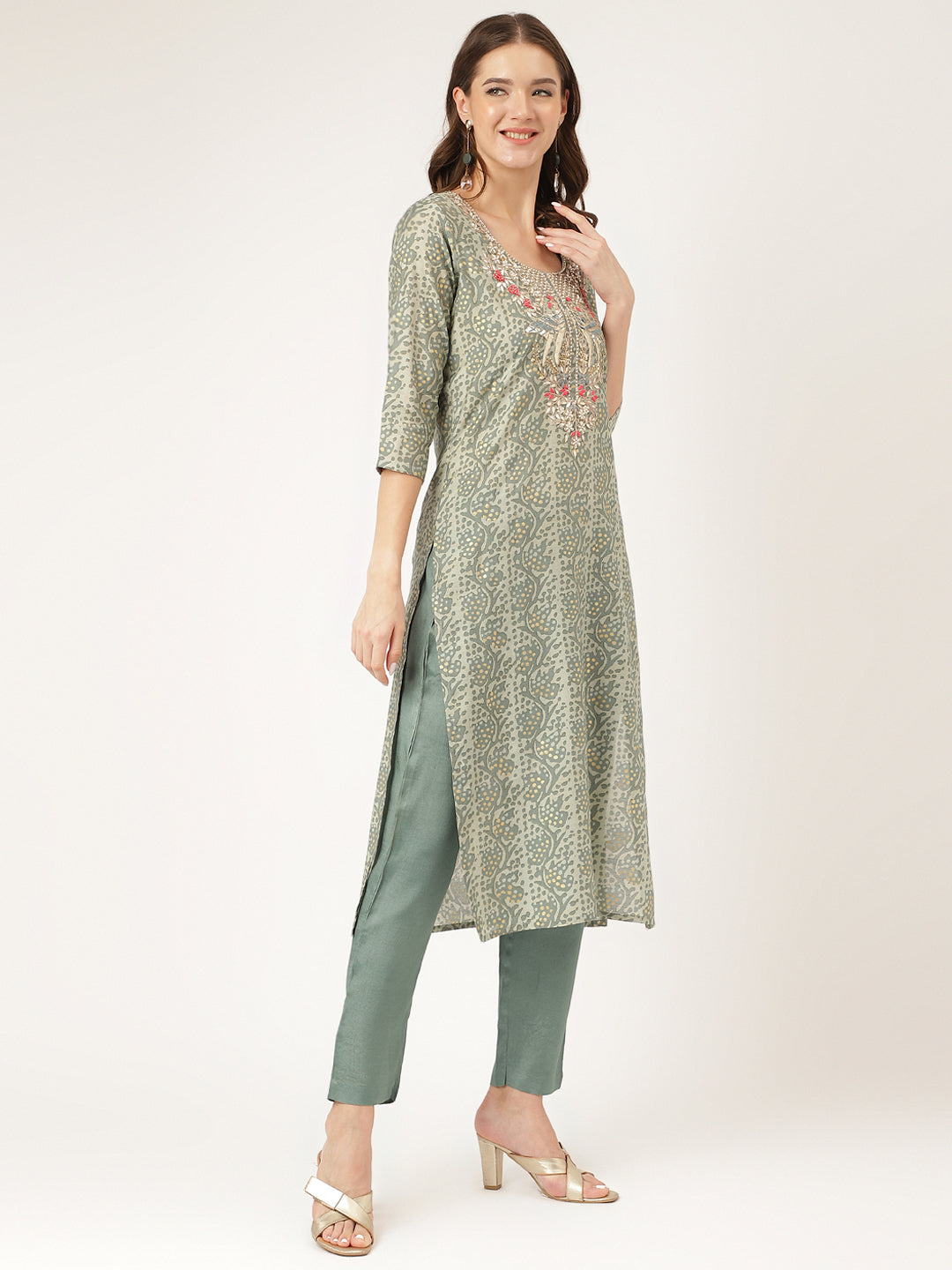 Noe Velarro Green Floral Print Chanderi Kurta, Trouser With Dupatta