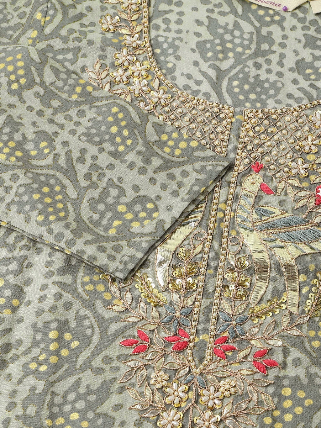 Noe Velarro Green Floral Print Chanderi Kurta, Trouser With Dupatta