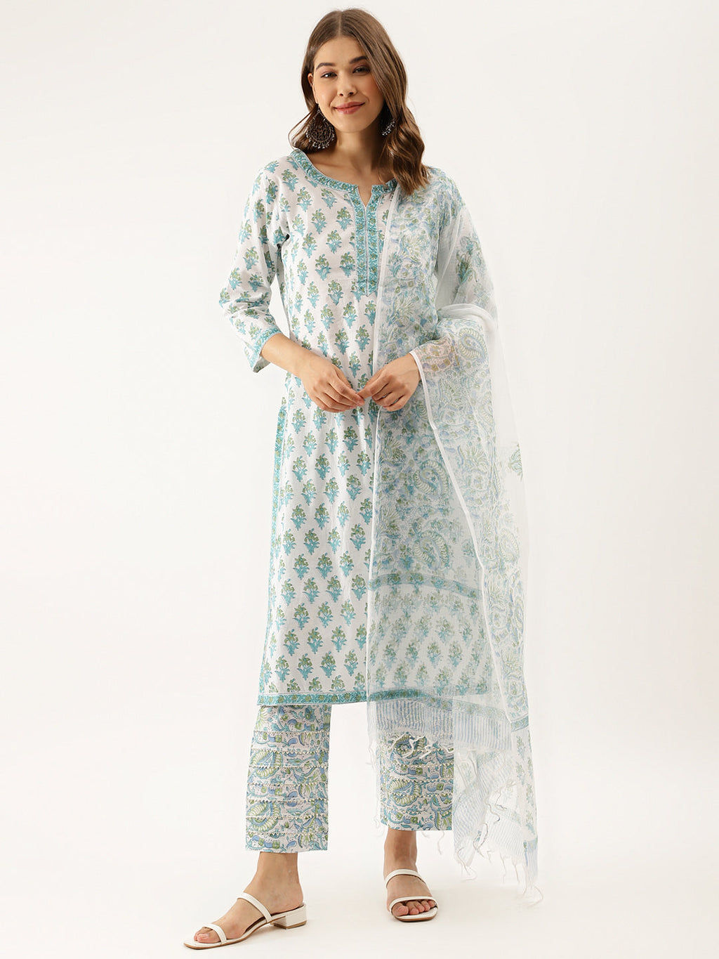 Noe Velarro White Sea blue Handblock Floral Printed Cotton Kurta Set with Kota Doria Dupatta