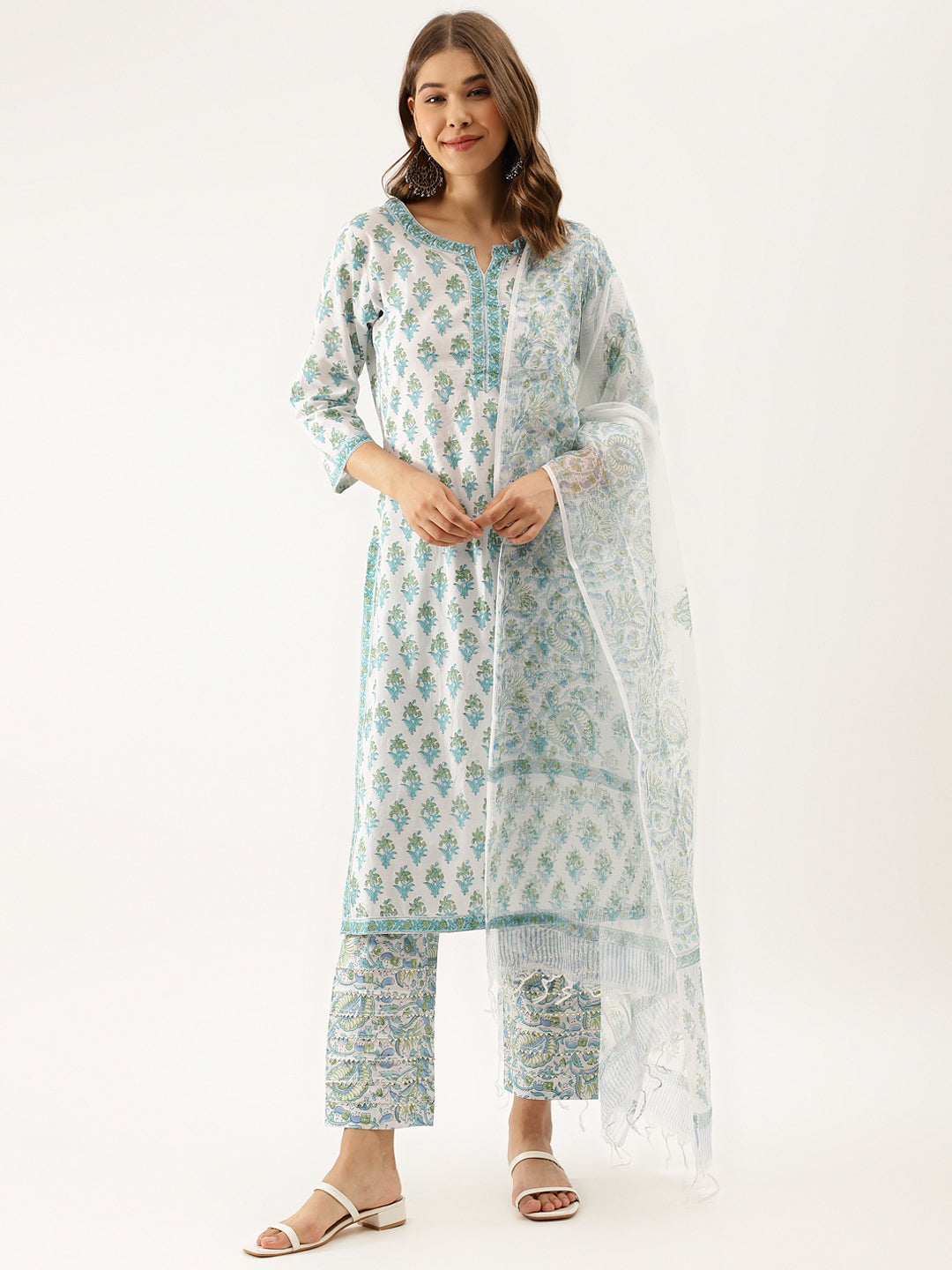 Noe Velarro White Sea blue Handblock Floral Printed Cotton Kurta Set with Kota Doria Dupatta