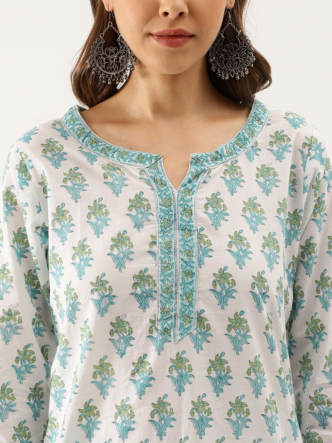 Noe Velarro White Sea blue Handblock Floral Printed Cotton Kurta Set with Kota Doria Dupatta