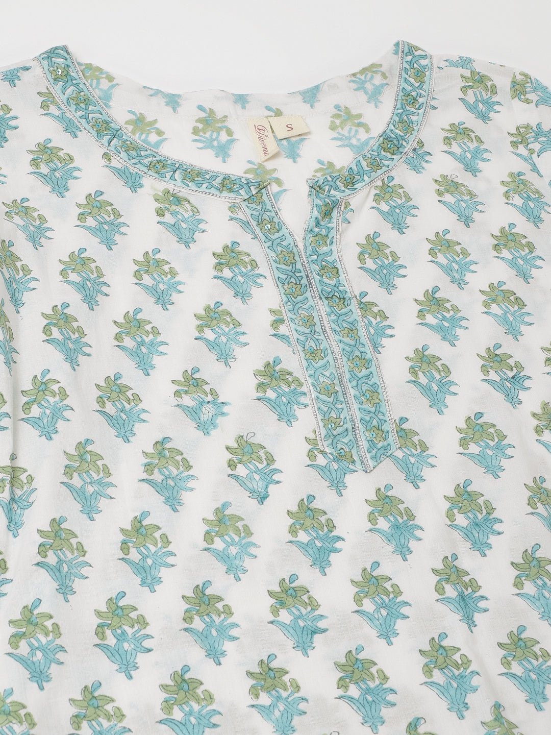 Noe Velarro White Sea blue Handblock Floral Printed Cotton Kurta Set with Kota Doria Dupatta
