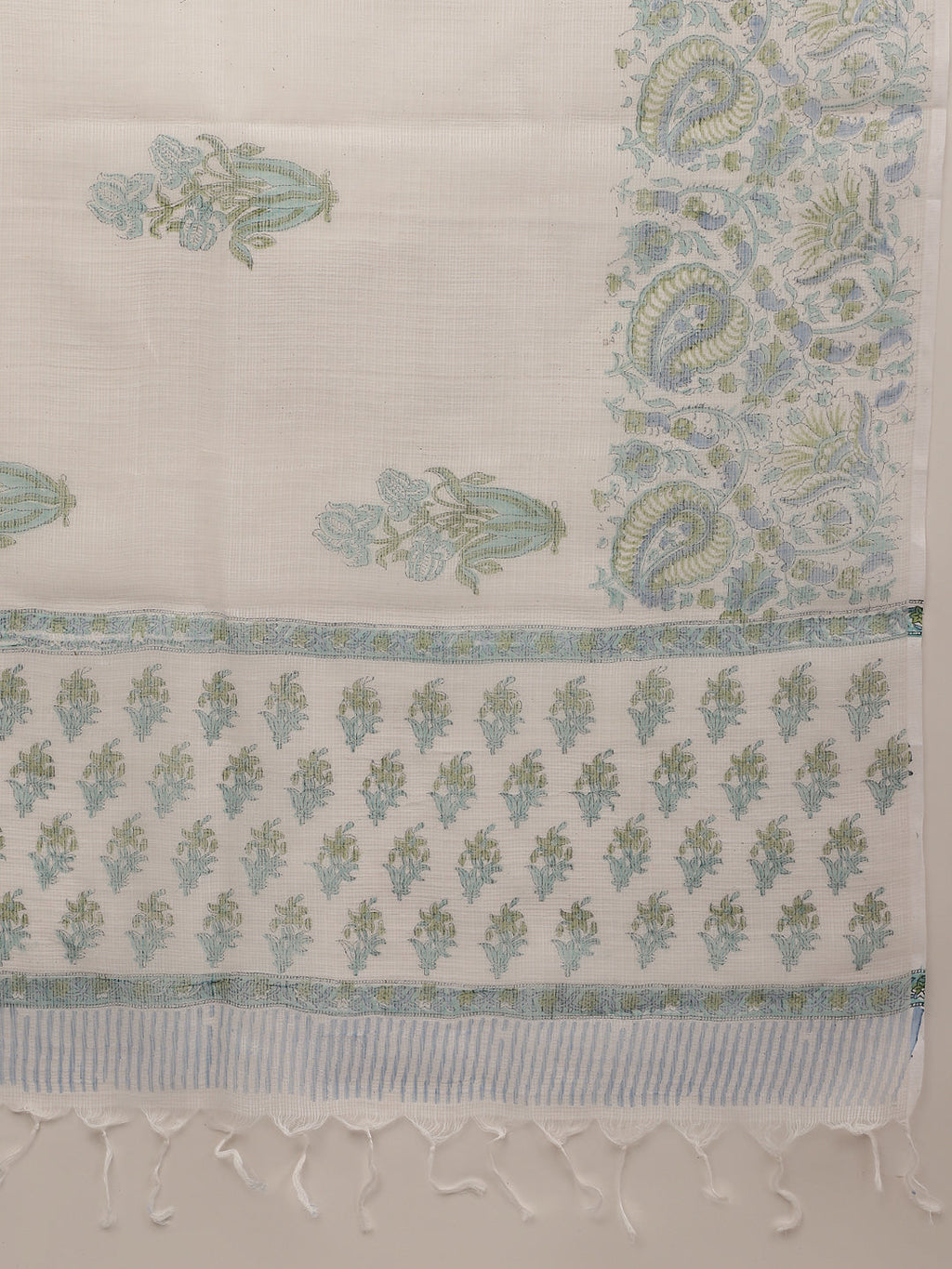 Noe Velarro White Sea blue Handblock Floral Printed Cotton Kurta Set with Kota Doria Dupatta
