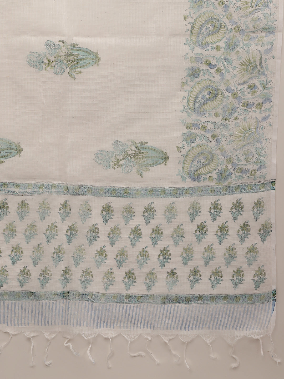 Noe Velarro White Sea blue Handblock Floral Printed Cotton Kurta Set with Kota Doria Dupatta
