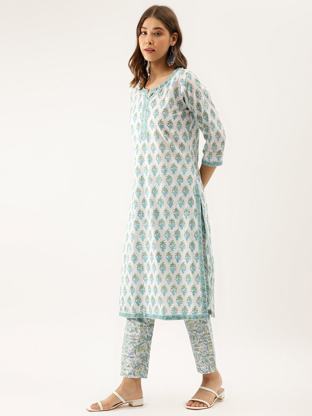 Noe Velarro White Sea blue Handblock Floral Printed Cotton Kurta Set with Kota Doria Dupatta