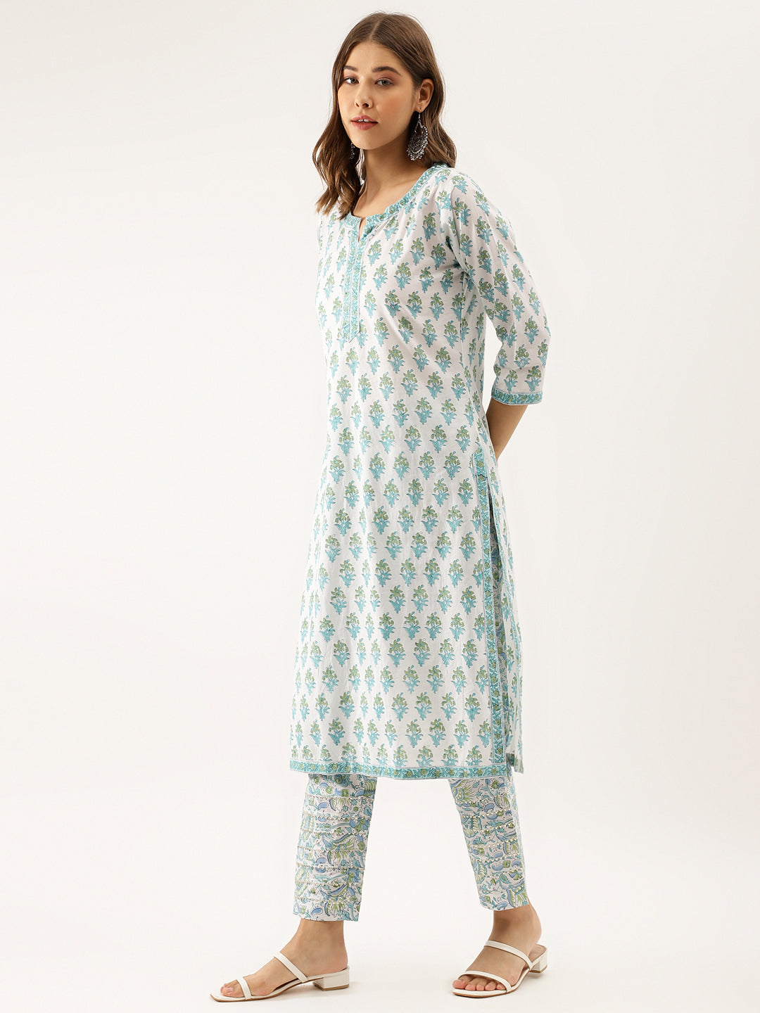 Noe Velarro White Sea blue Handblock Floral Printed Cotton Kurta Set with Kota Doria Dupatta