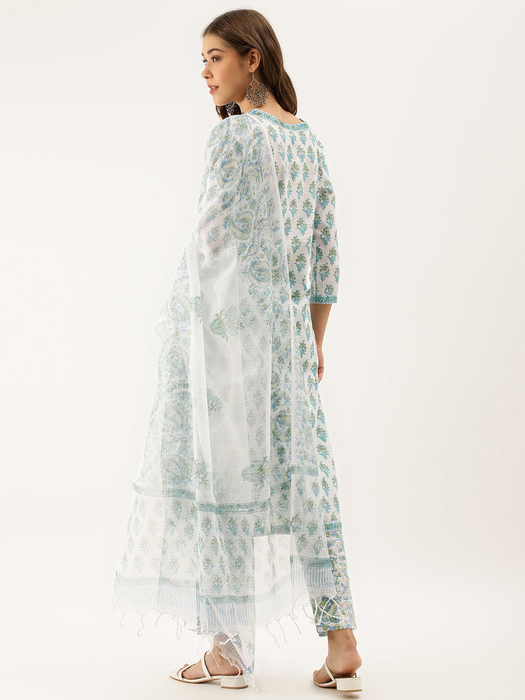 Noe Velarro White Sea blue Handblock Floral Printed Cotton Kurta Set with Kota Doria Dupatta