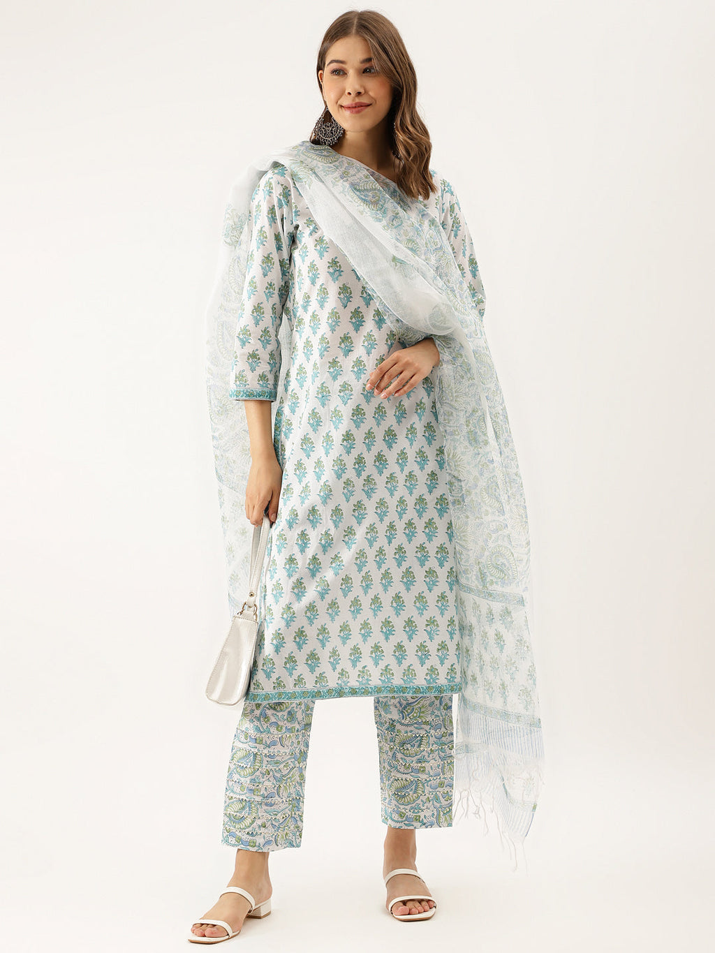 Noe Velarro White Sea blue Handblock Floral Printed Cotton Kurta Set with Kota Doria Dupatta