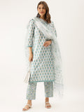Noe Velarro White Sea blue Handblock Floral Printed Cotton Kurta Set with Kota Doria Dupatta