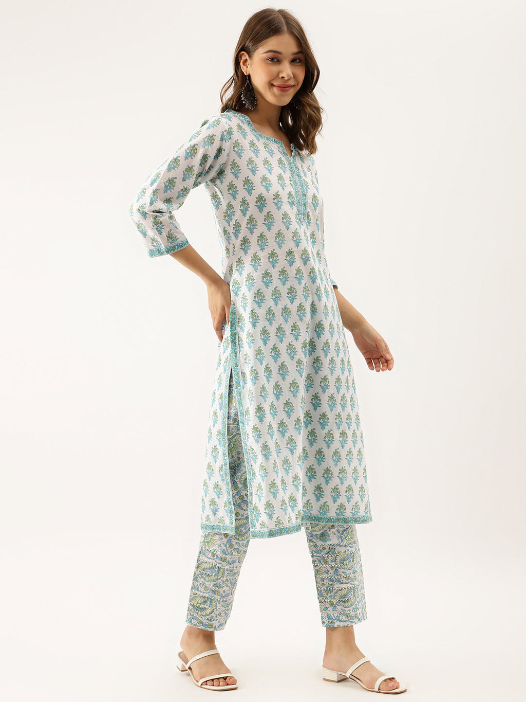 Noe Velarro White Sea blue Handblock Floral Printed Cotton Kurta Set with Kota Doria Dupatta
